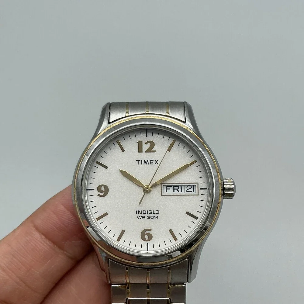 Timex Indiglo WR 30M Mens Watch 35mm White Dial Two Tone Bracelet New Battery